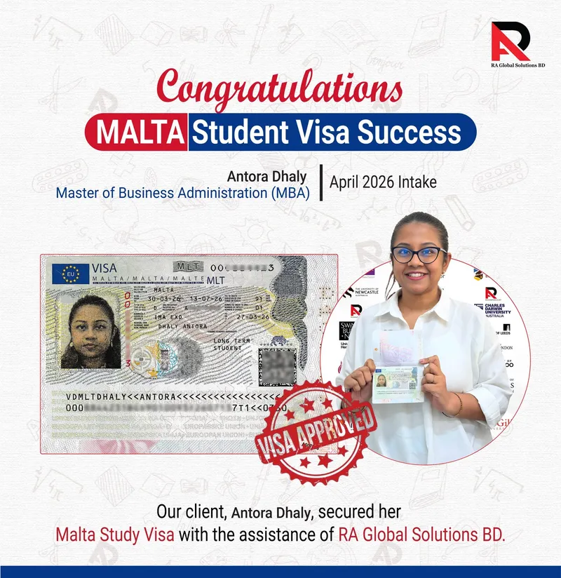 Congratulations poster showing an approved visa alongside the client holding her passport.