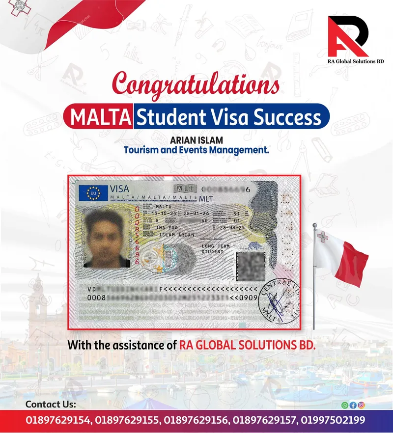 Congratulations poster showing an approved visa beside the Maltese flag.