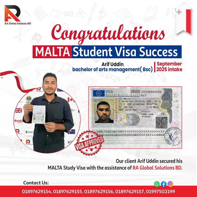 Congratulations poster showing an approved visa alongside the client holding his passport.