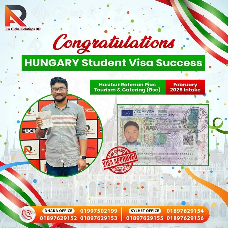 Congratulations poster showing an approved visa alongside the client holding his passport.