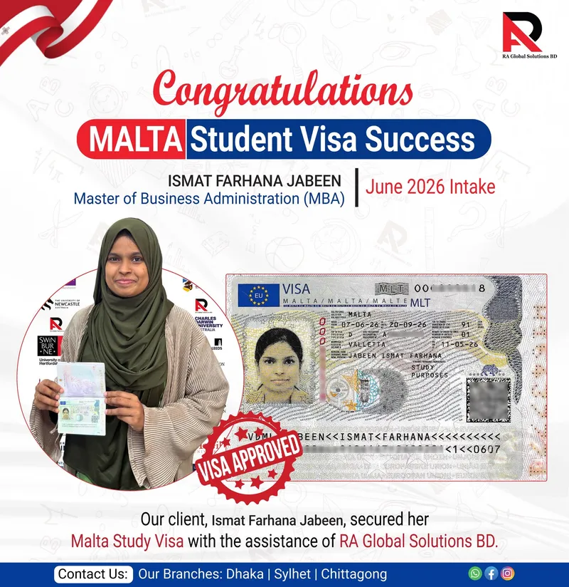 Congratulations poster showing an approved visa alongside the client holding her passport.