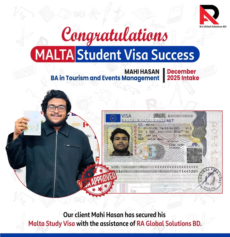 Congratulations poster showing an approved visa alongside the client holding his passport.