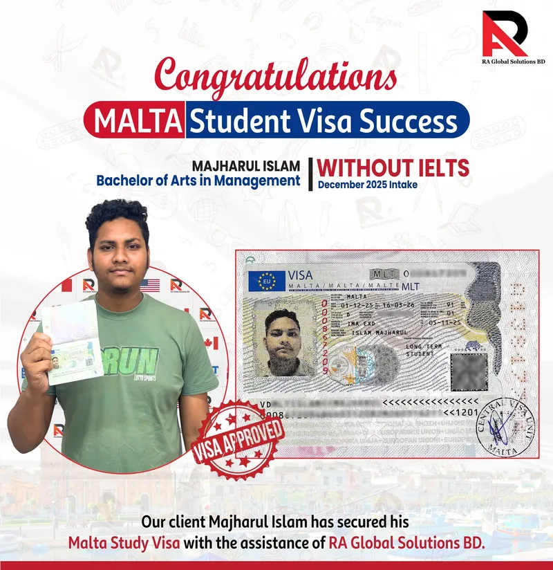 Congratulations poster showing an approved visa alongside the client holding his passport.