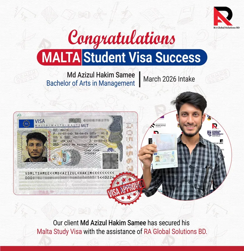 Congratulations poster showing an approved visa alongside the client holding his passport.