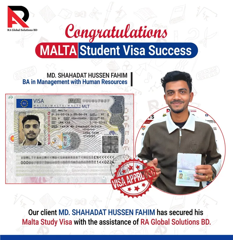 Congratulations poster showing an approved visa alongside the client holding his passport.