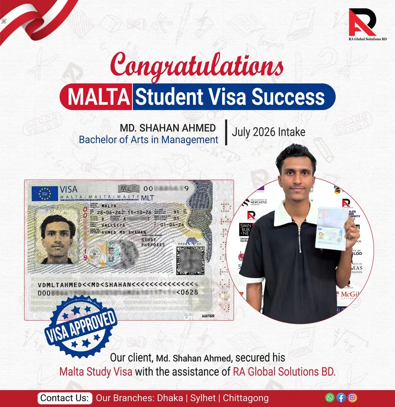 Congratulations poster showing an approved visa alongside the client holding his passport.