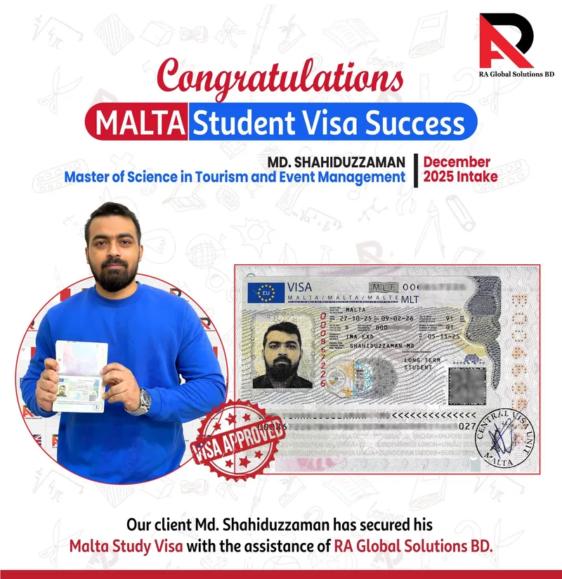 Congratulations poster showing an approved visa alongside the client holding his passport.