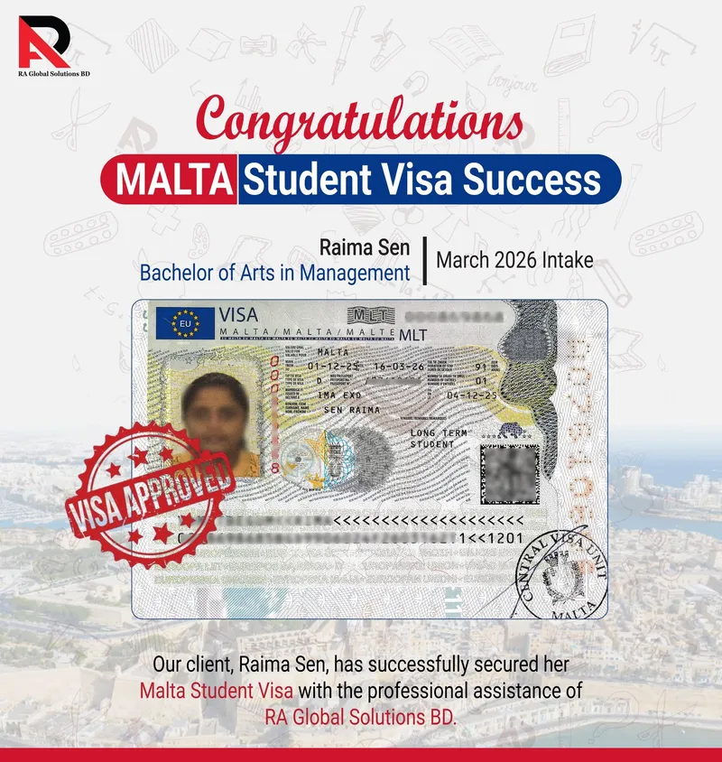 Congratulations poster showing an approved visa over a Maltese coastline.