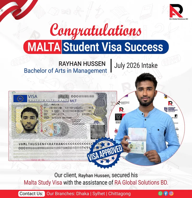 Congratulations poster showing an approved visa alongside the client holding his passport.