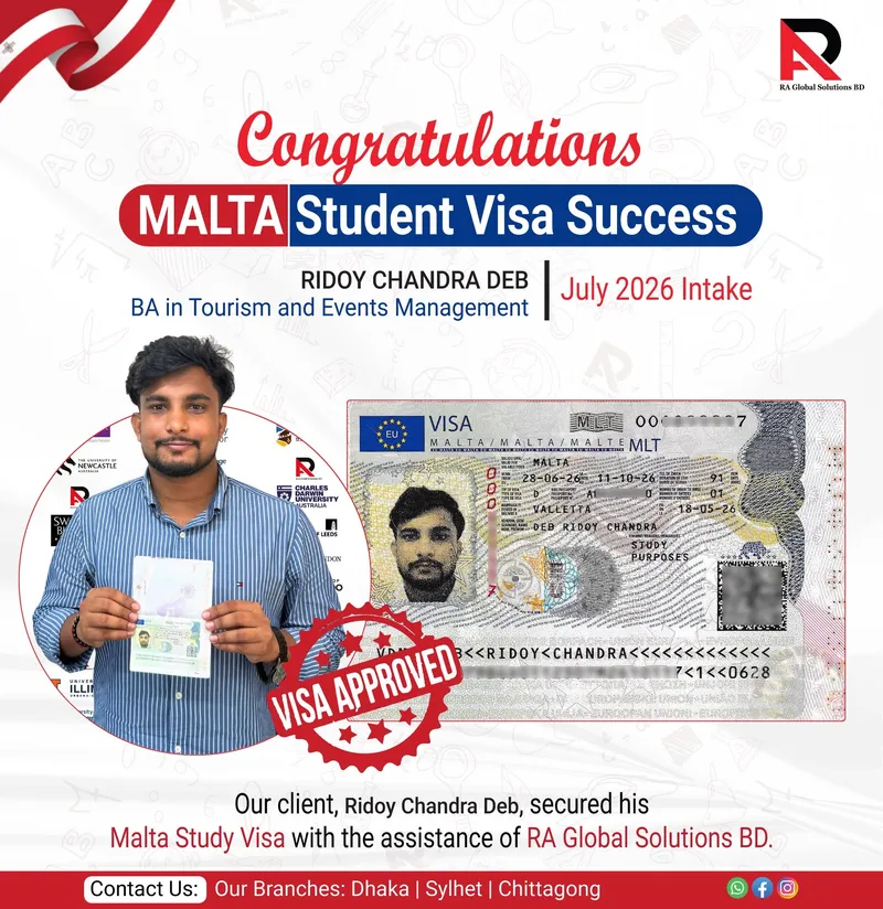 Congratulations poster showing an approved visa alongside the client holding his passport.