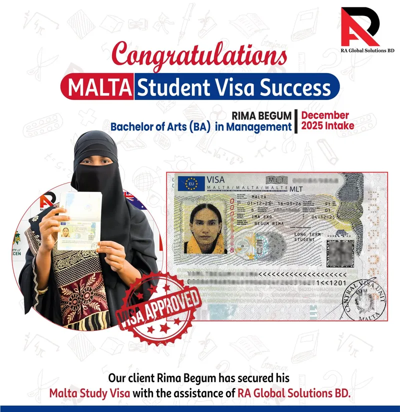 Congratulations poster showing an approved visa alongside the client holding her passport.