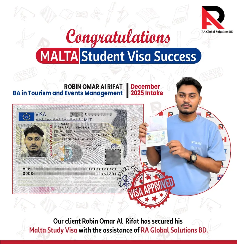 Congratulations poster showing an approved visa alongside the client holding his passport.