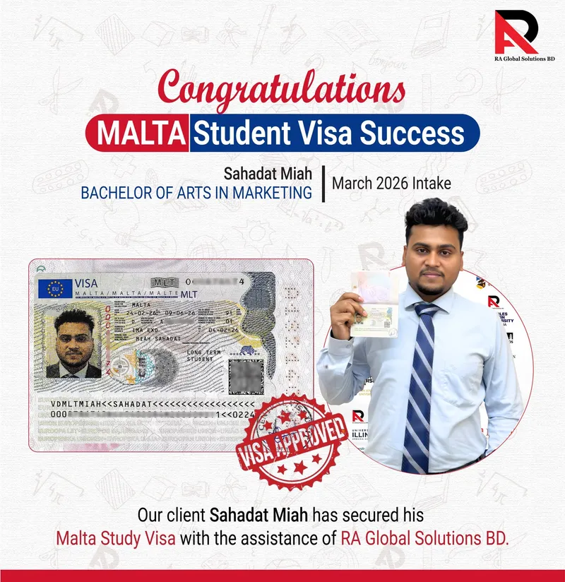 Congratulations poster showing an approved visa alongside the client holding his passport.