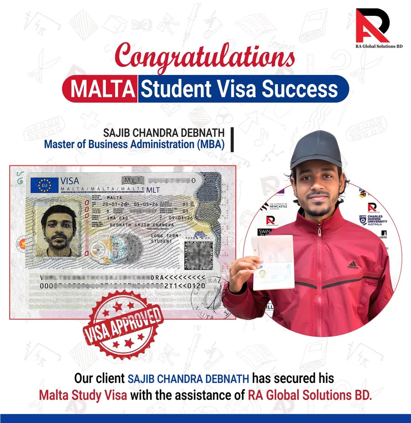 Congratulations poster showing an approved visa alongside the client holding his passport.