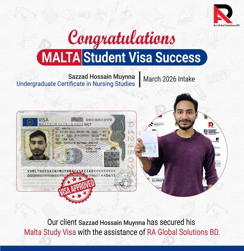 Congratulations poster showing an approved visa alongside the client holding his passport.