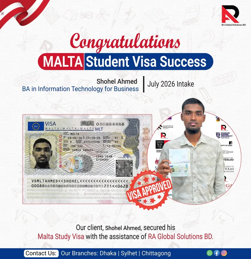 Congratulations poster showing an approved visa alongside the client holding his passport.
