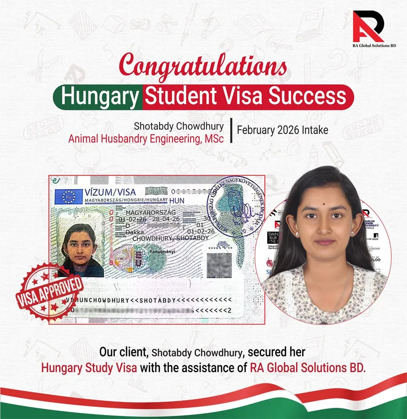 Congratulations poster showing an approved visa alongside a portrait of the client.
