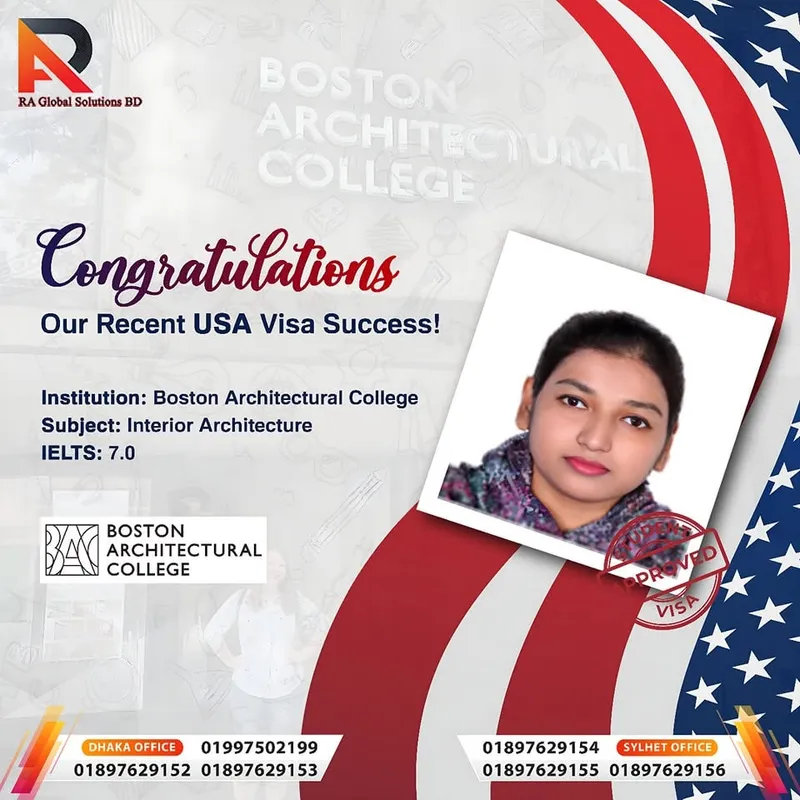 Congratulations poster showing a portrait of the client beside the Boston Architectural College logo.